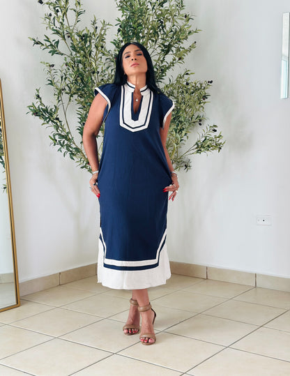 De lujo Ana y Blue Linen Spandex Midi Dress con bolsillos
