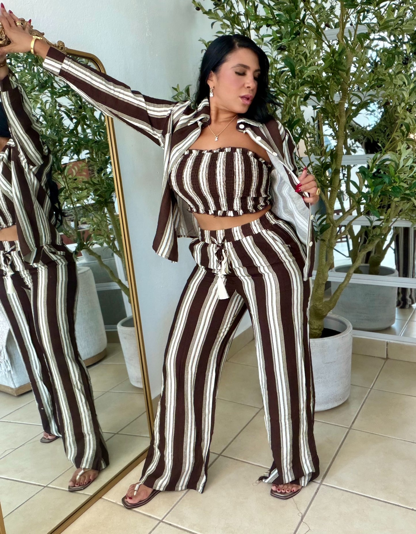 Puertorra Choco Brown y Blanco Spandex Set de lìneas verticales de 3 Piezas (color negro)Mega Còmodo