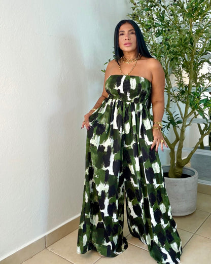 Darimar Wide Leg Spandex De Lujo Jumpsuit (tiene bolsillos y no zipper ni botones Choco Green and White  lìneas Beige. Tiene bolsillos