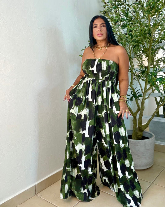 Darimar Wide Leg Spandex De Lujo Jumpsuit (tiene bolsillos y no zipper ni botones Choco Green and White  lìneas Beige. Tiene bolsillos