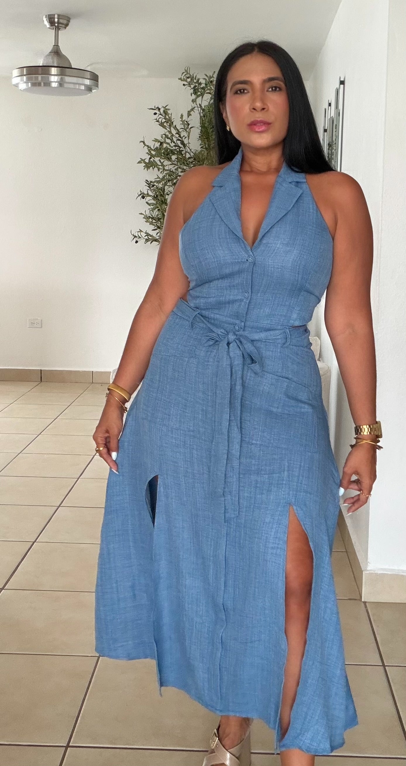 Denim Blue Halter Spandex Cut-Out Midi Dress
