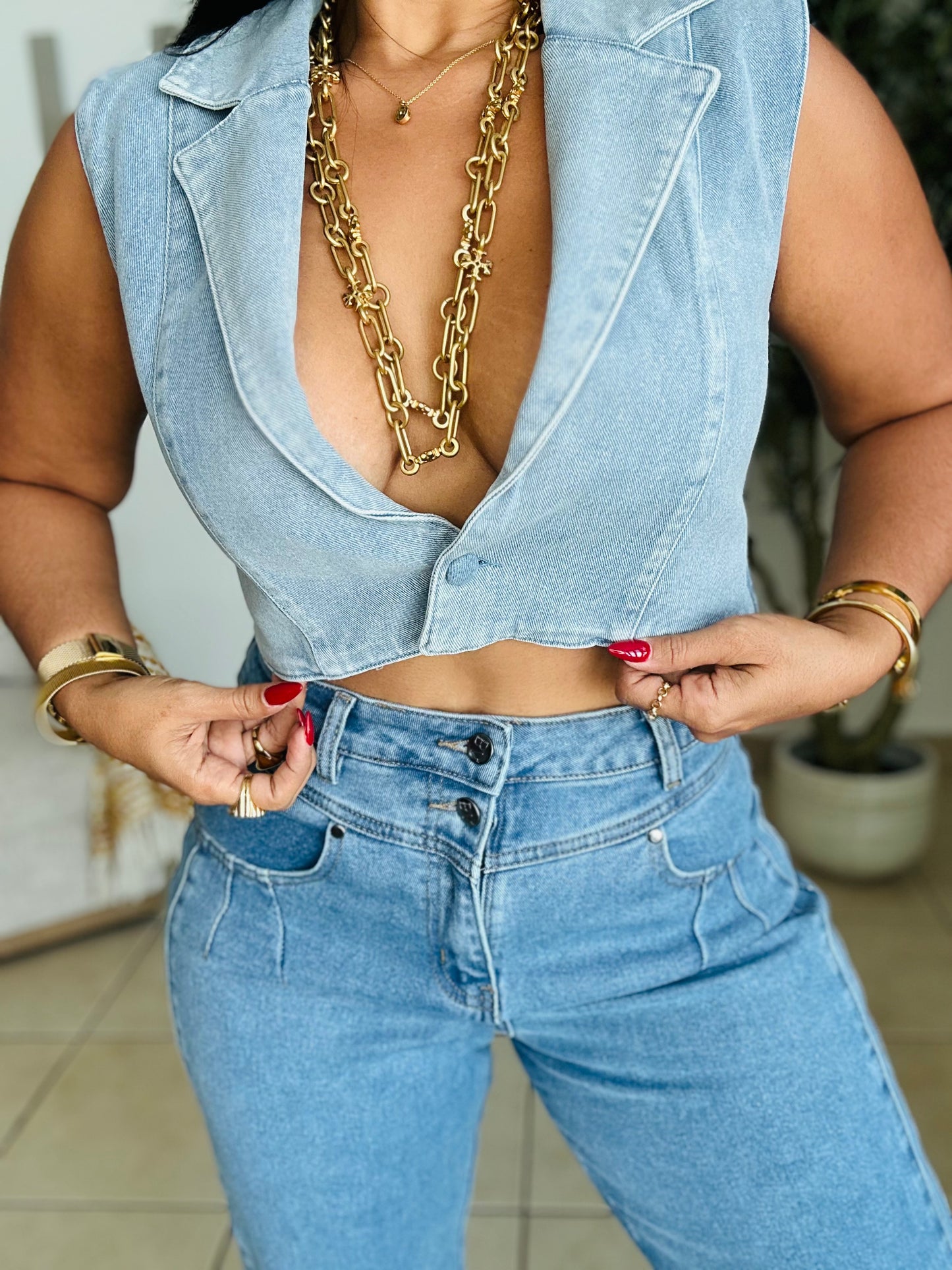 Denim Blue Spandex (bastante) Vest Top (lo puedes utilizar con un top debajo también