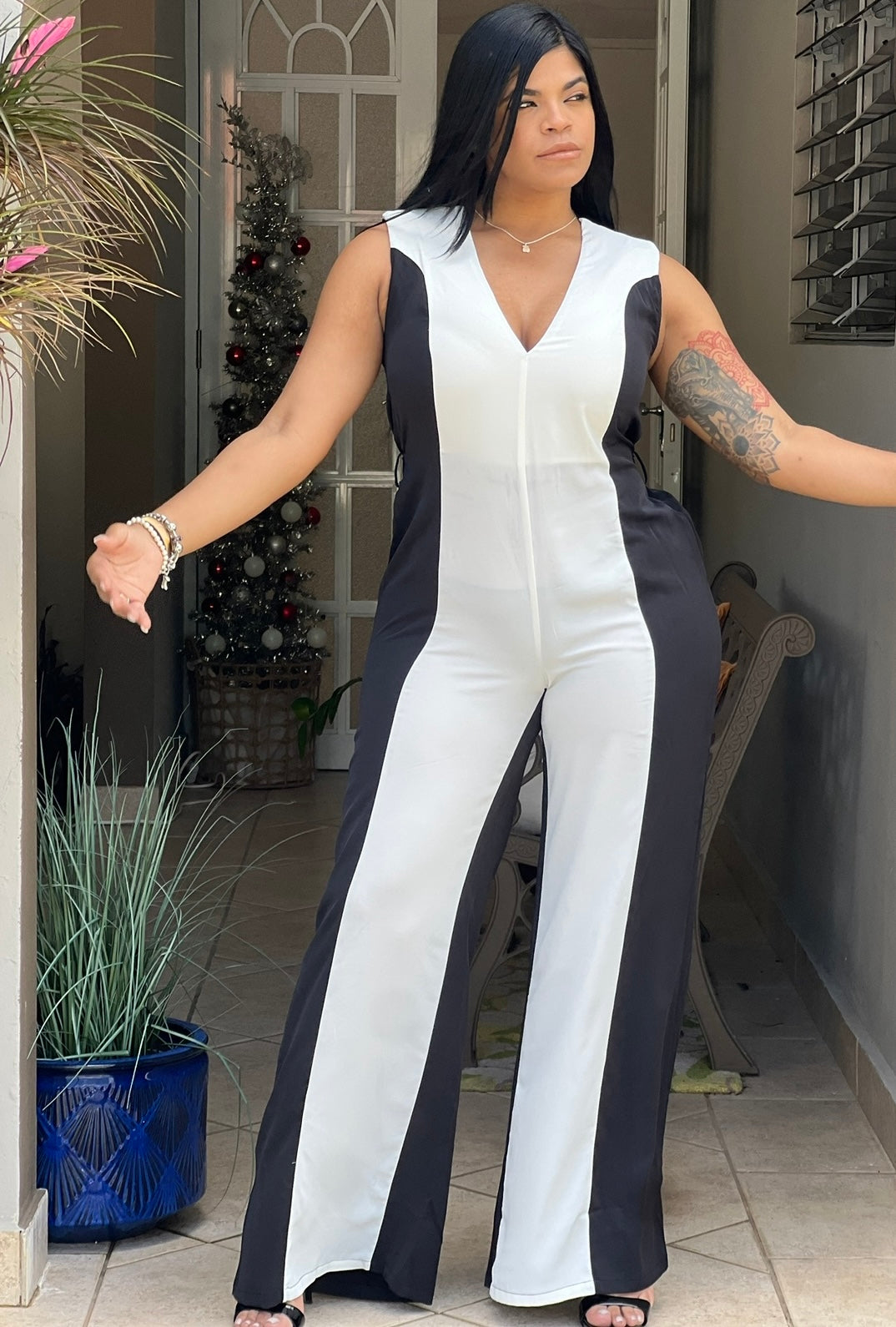 Black and White Luxe Wide Leg Jumpsuit