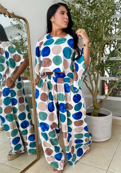 Polka Dots Spandex Palazzo Pants and Top Set Blue Multi de Lujo (tiene bolsillos)SOLD OUT GRACIAS