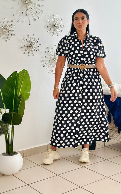 Polka Dots Black and White Spandex Midi Dress (Incluye cinturón removible) bien cómodo y expandible