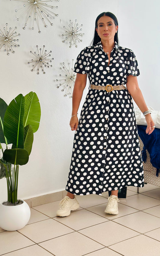 Polka Dots Black and White Spandex Midi Dress (Incluye cinturón removible) bien cómodo y expandible