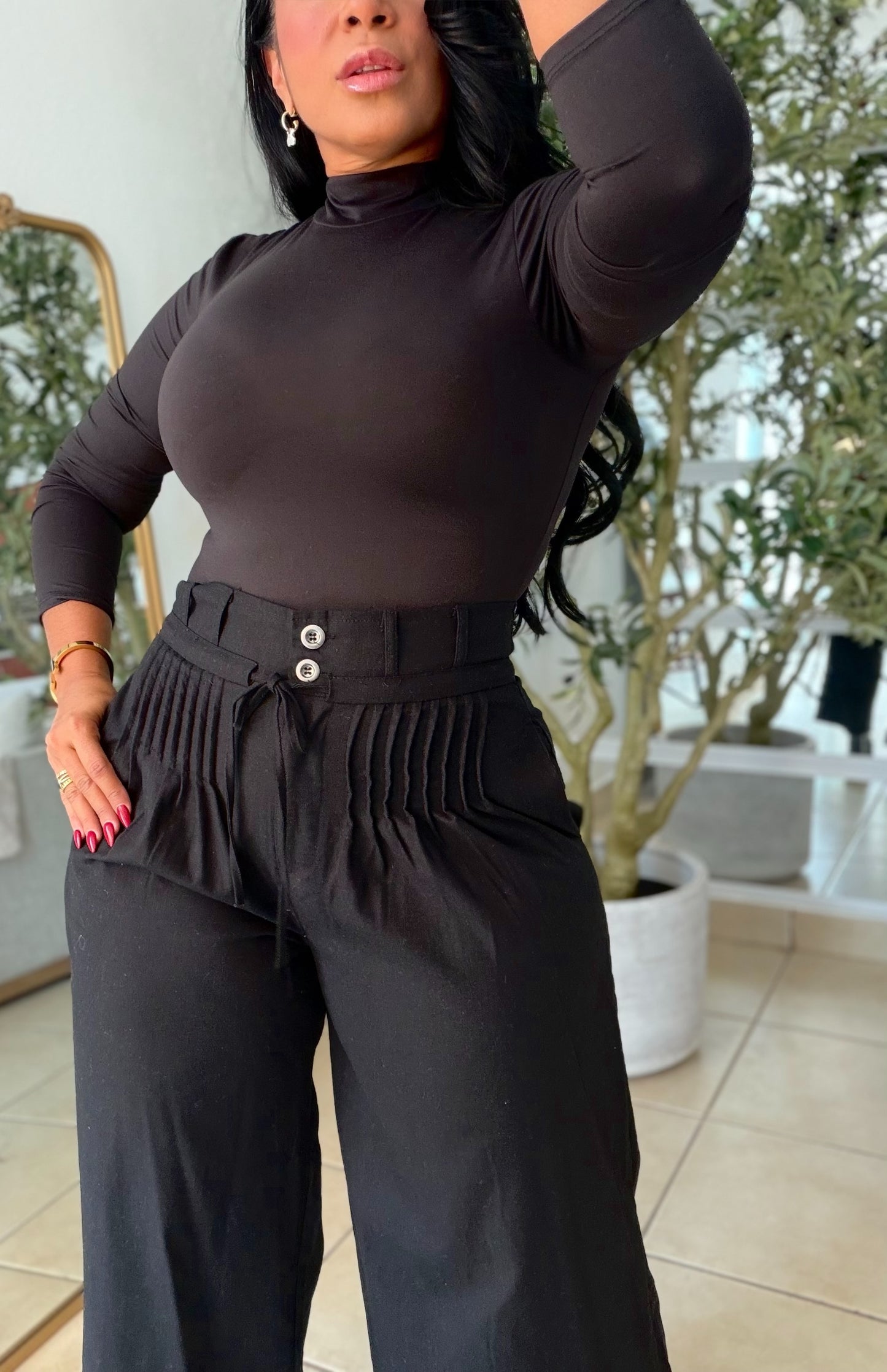 Premium Linen Spandex Pleated Blacky Pants Wide Leg