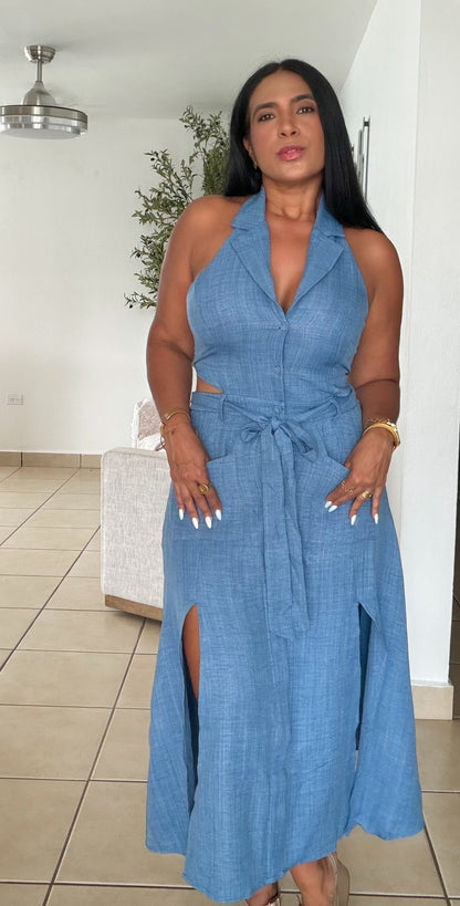 Denim Blue Halter Spandex Cut-Out Midi Dress