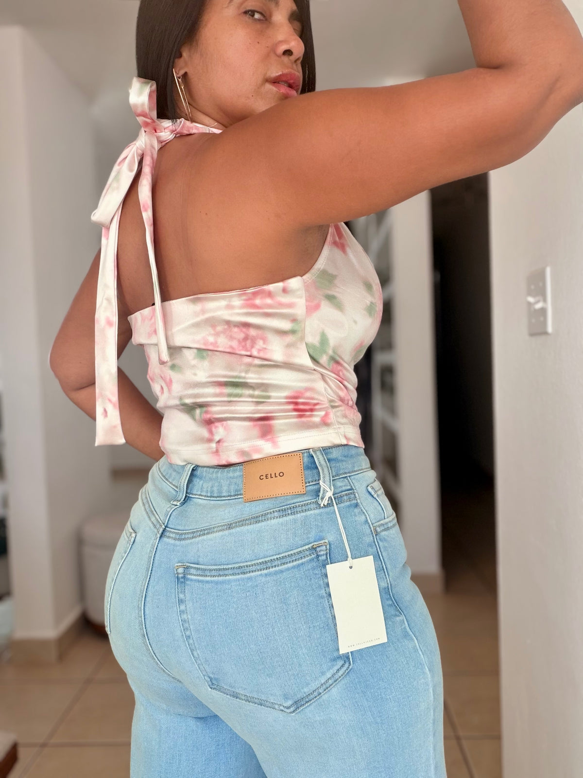 Halter Top Blusa de Lujo expandible pink and sage green (la ajustas con amarre en cuello)