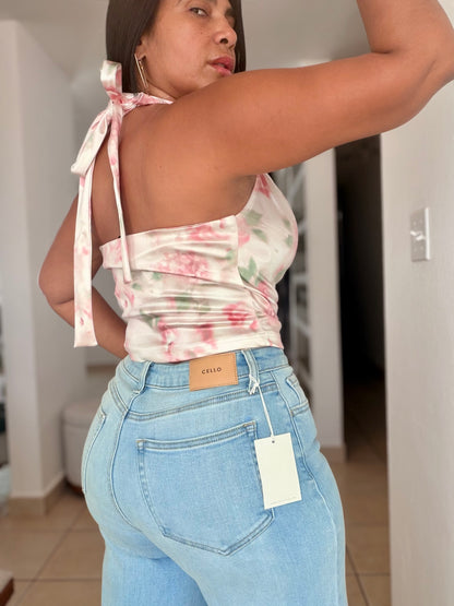 Halter Top Blusa de Lujo expandible pink and sage green (la ajustas con amarre en cuello)