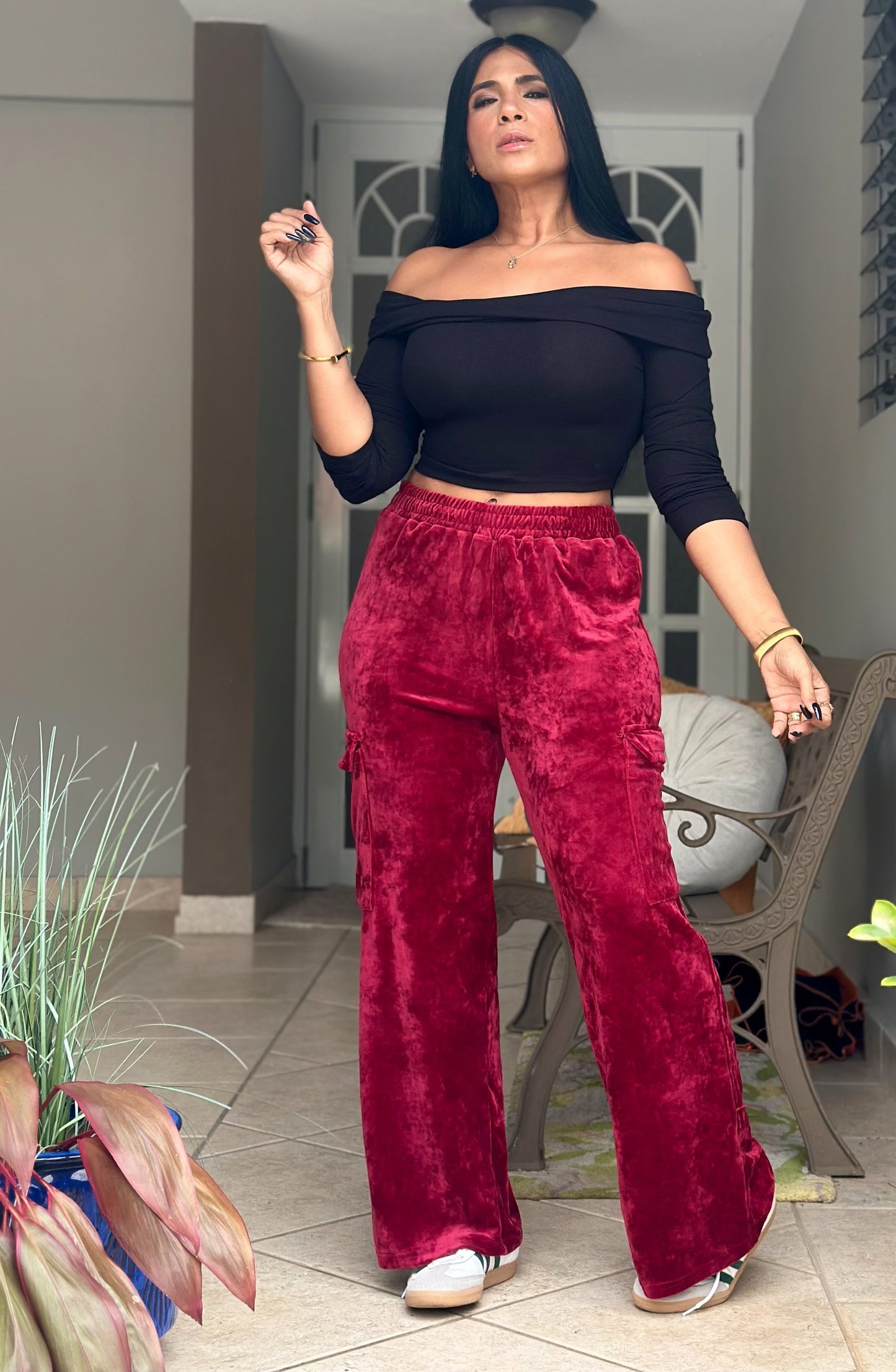 Iana Burgundy Velvet Spandex Cargo Pants