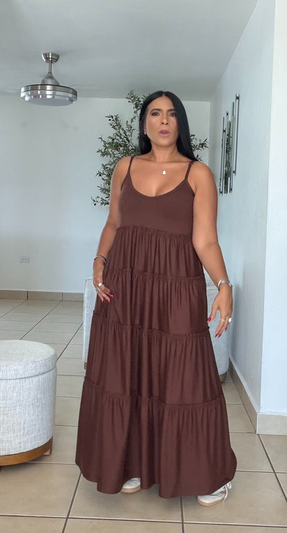 Choco Brown Maxi Dress (ajustable en manguillos y tiene bolsillos) PRE ORDEN)