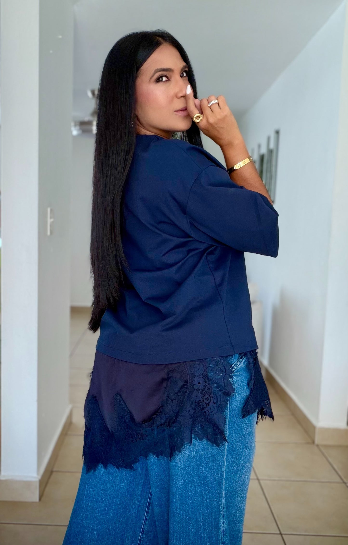 Lulu Oversized Luxe Navy Blue Shirt with lace