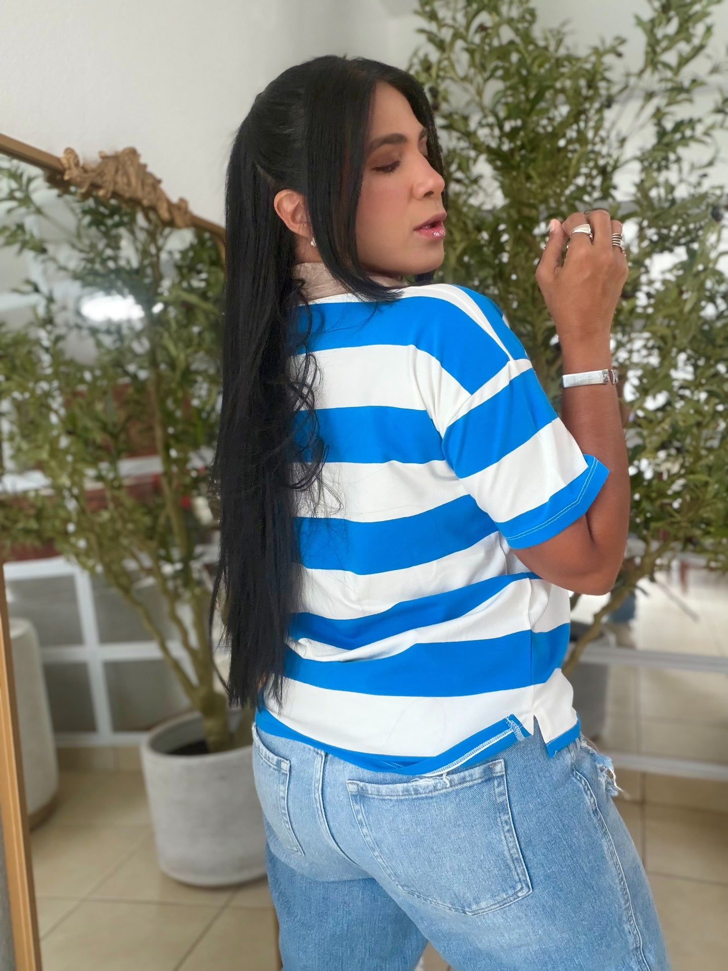 Ocean Blue Blue and White Azul Striped Spandex Polo Top De Lujo