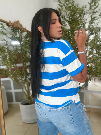 Ocean Blue Blue and White Azul Striped Spandex Polo Top De Lujo