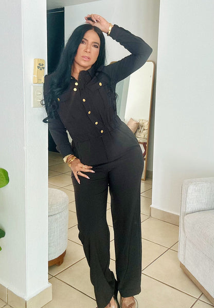 Vallenato Black Spandex Jumpsuit With Pockets (botones dorados)