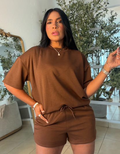 Choco Marrón De lujo Oversized Too and Shorts Spandex Sporty Set (SOLD OUT GRACIAS)