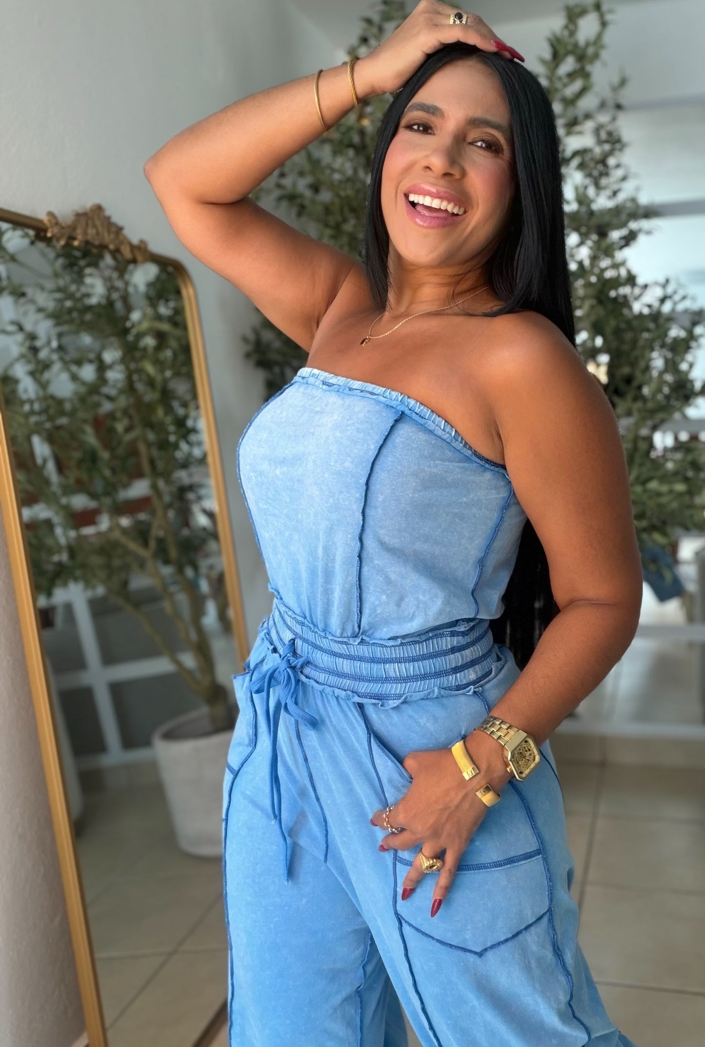 Azul Como Denim Expandible (Spandex) Total Baggy Jumpsuit con bolsillos