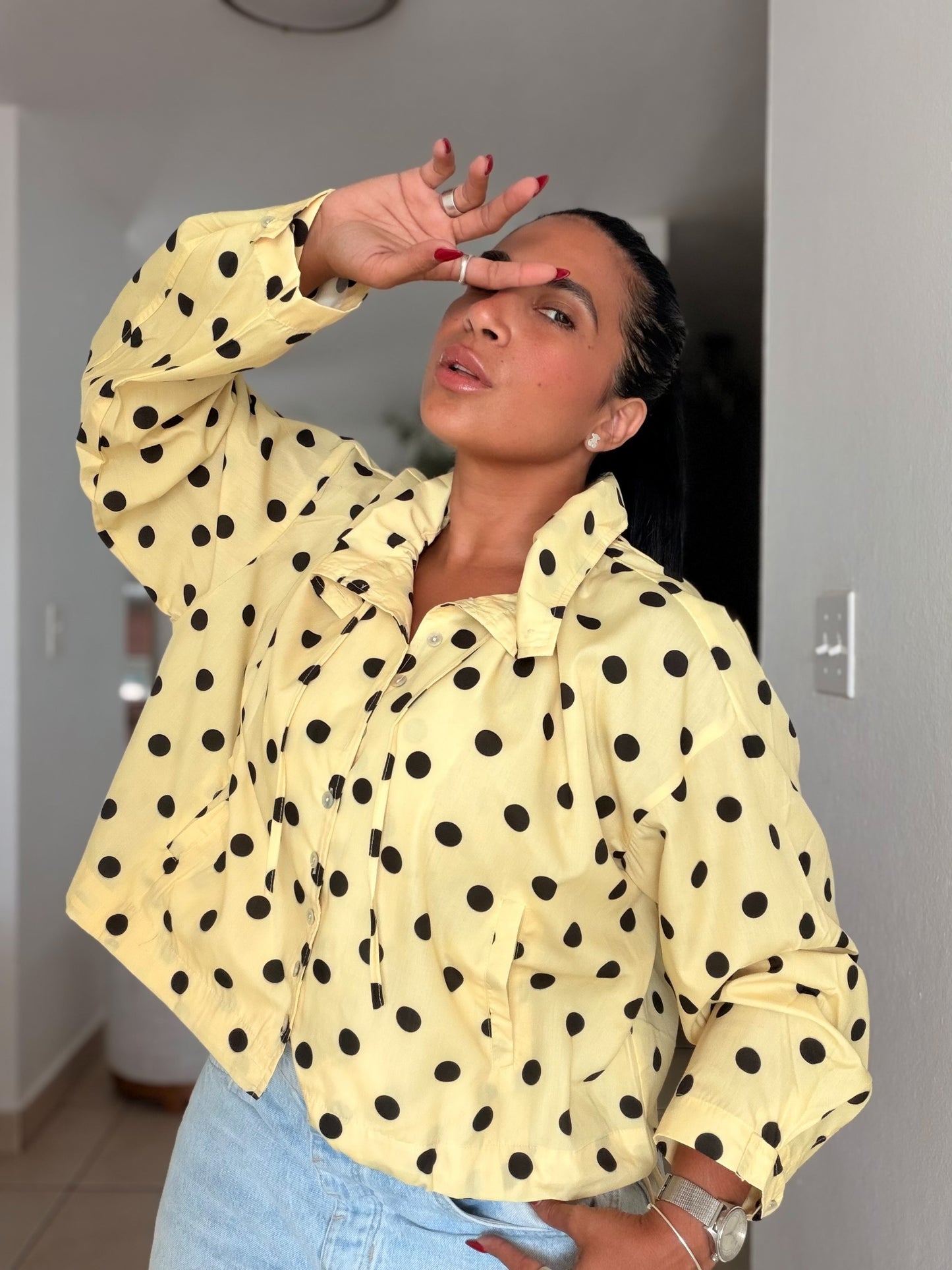 Bomber Top/Jacket Liviano Premium Butter Yellow Polka Dots (tiene bolsillos)