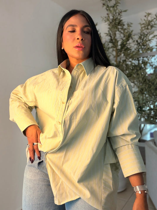 Olive Sage Green Striped (con lìneas) Oversized Shirt