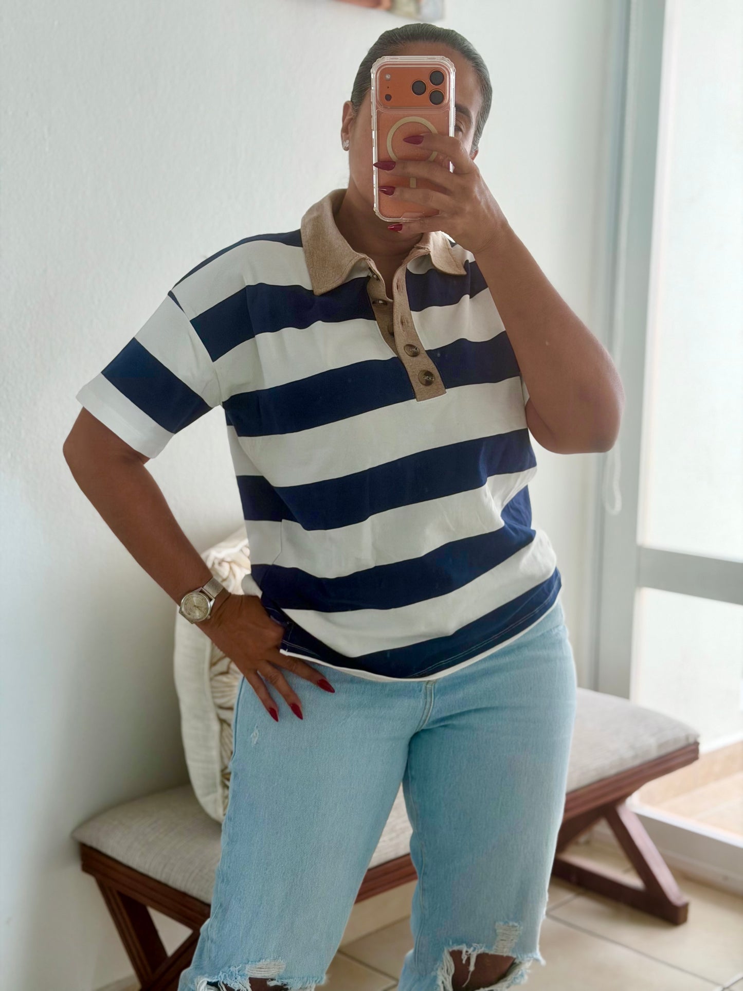Navy Blue Striped Spandex Polo Top (SOLD)
