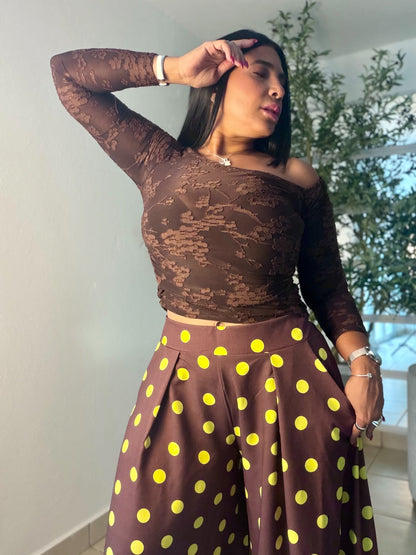 Polka Dots Yellow and Brown Wide Leg Palazzo Pants (Tiene bolsillos) ùnico color. Puesto small