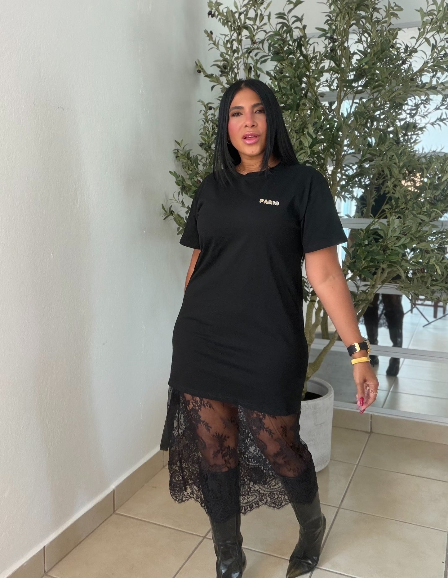 Paris Black Cotton and Premium Lace Spandex Shirt Dress (correa incluìda) color negro (SOLD OUT GRACIAS)