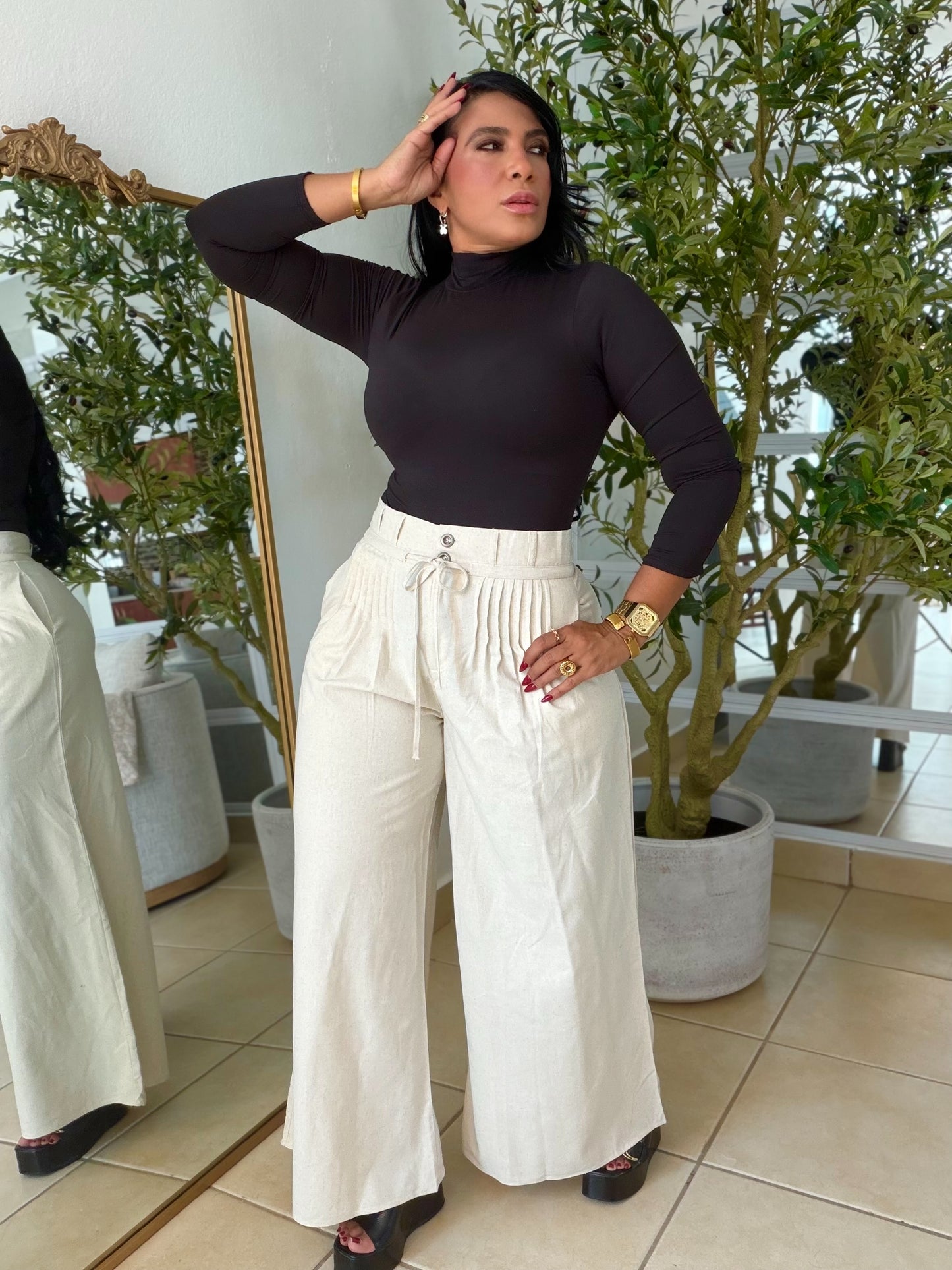 Premium Linen Spandex Pleated Crema Oatmeal Pants Wide Leg