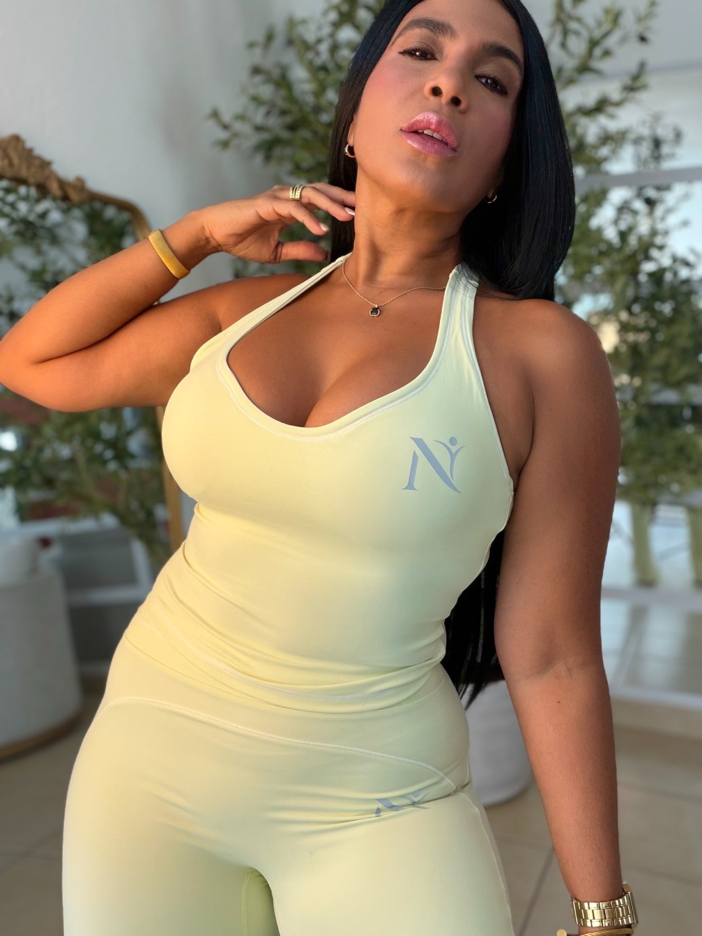 Nüra Lemon Green Spandex Sporty Top and Wide Leg Pants Set
