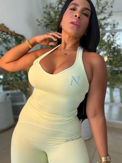 Nüra Lemon Green Spandex Sporty Top and Wide Leg Pants Set