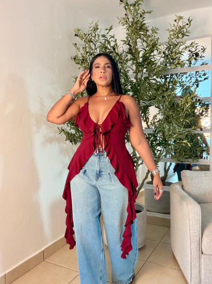 Red Wine Spandex y Ajustable Ruffle Top (COLOR RED WINE) SOLD OUT GRACIAS