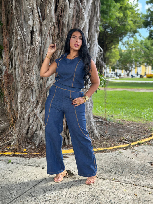 El Denim Blue Set de Camisa y Pantalòn Wide Leg màs bello del mundo!! Bien expandible y còmodo. Tiene bolsillos