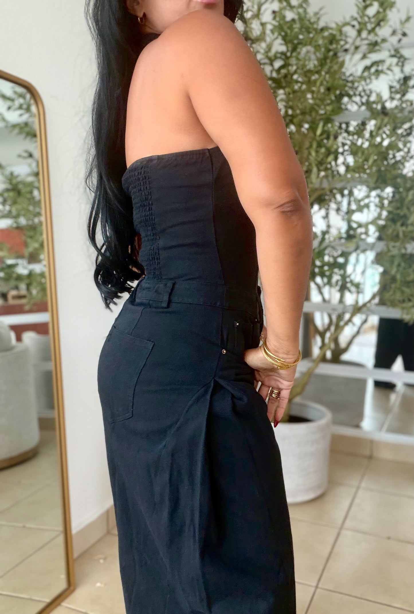 El Blacky Black Spandex Denim Vest Jumpsuit (tiene bolsillos)