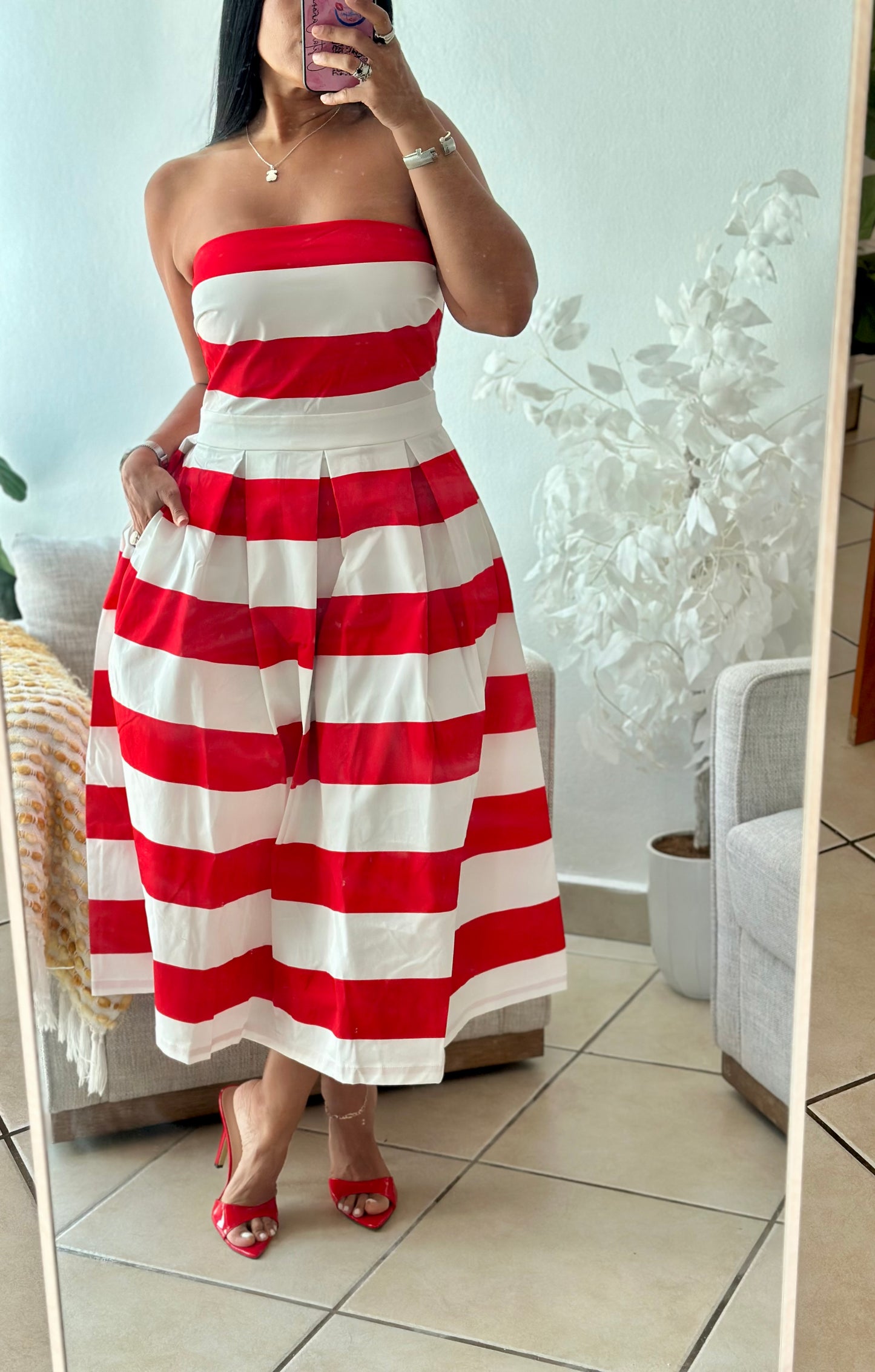 Red and White Tube Midi Dress