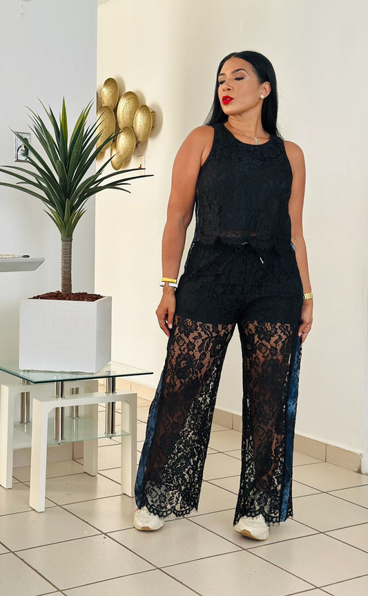 Septiembre Spandex Black Lace and Denim Details Pants Set