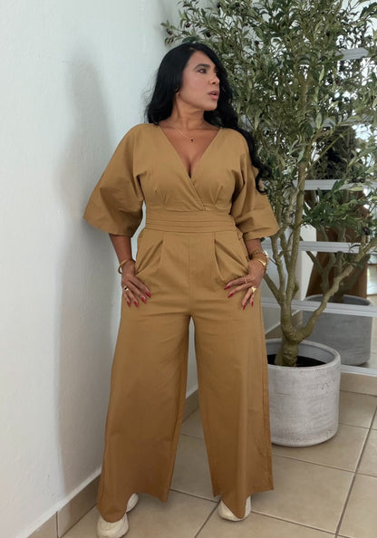 Bello Gold Brown Liner Bien Spandex Wide Leg Jumpsuit (tiene bolsillos)