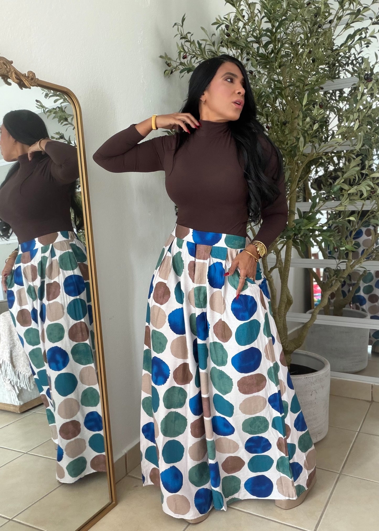 Polka Dots Spandex Palazzo Pants and Top Set Blue Multi de Lujo (tiene bolsillos)SOLD OUT GRACIAS