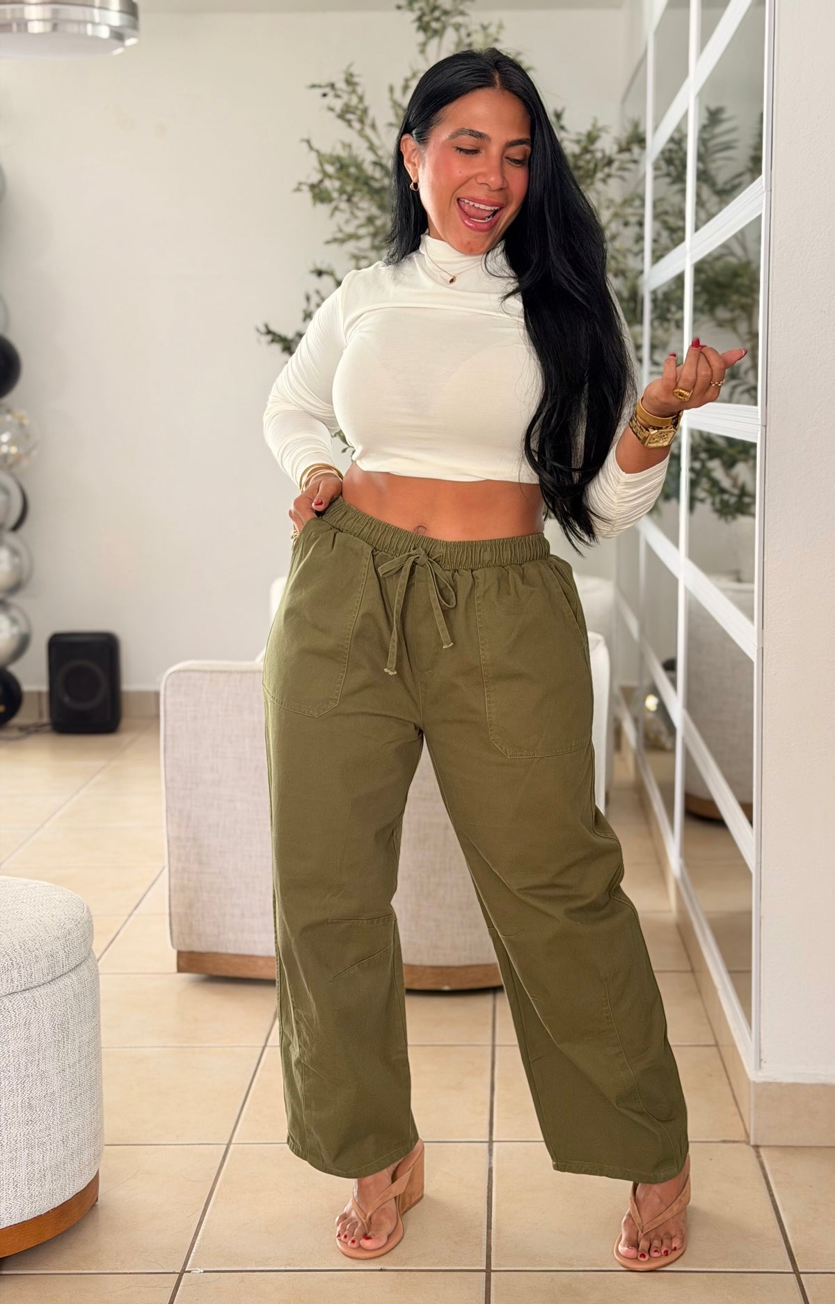 Alma Luxe Olive Spandex Total Baggy Pantalòn con bolsillos. 100% cotton (verde olivo) SOLD OUT GRACIAS