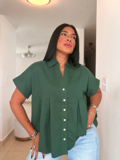 Luxe Hunter Green Linen Oversized Blusòn (mangas se usan de dos formas) Color Verde (SOLD OUT GRACIAS