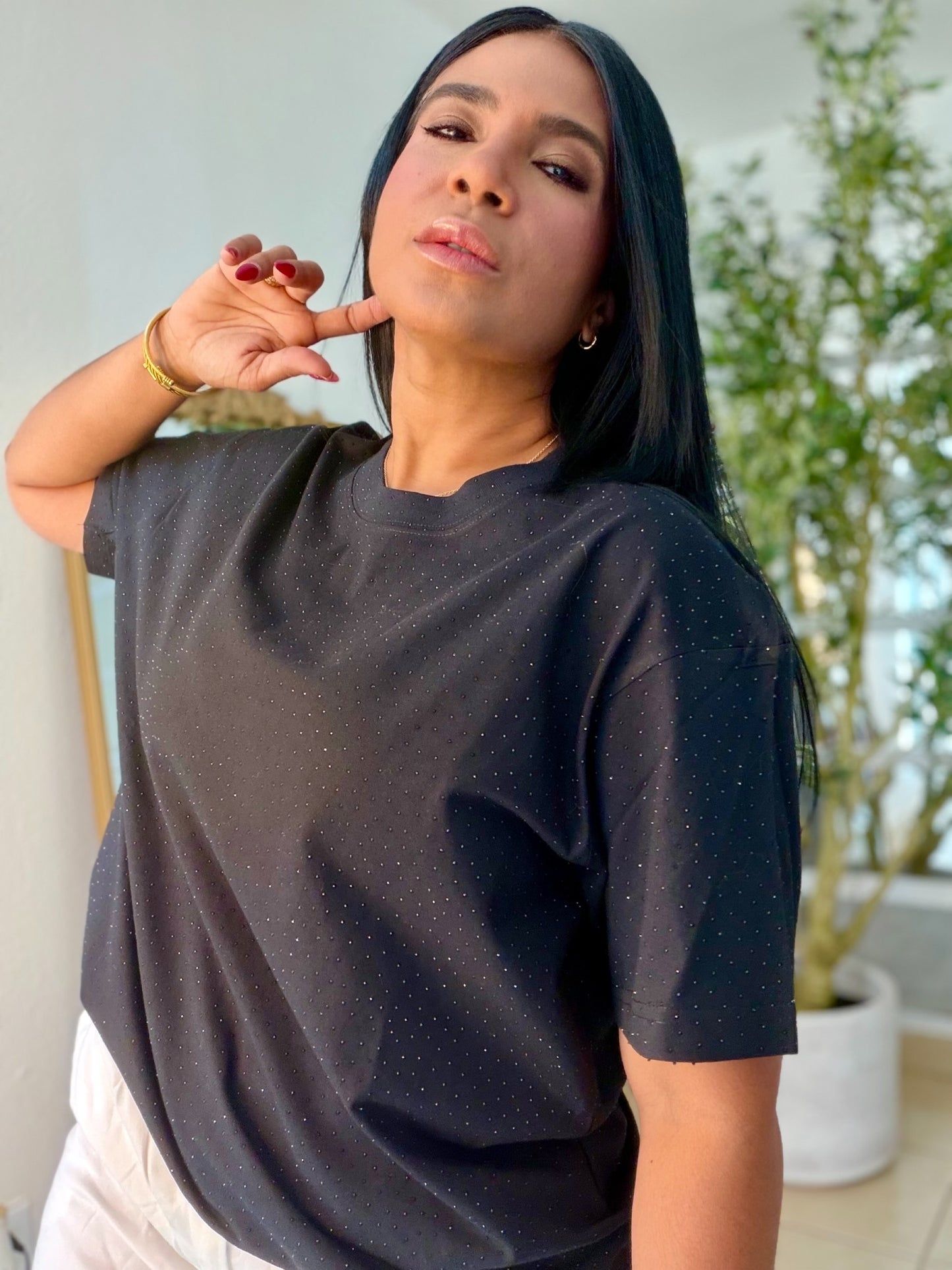Oversized Premium Cotton Blacky Black Top con brillitos fijos (color Blanco) Luxury