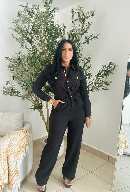 Vallenato Black Spandex Jumpsuit With Pockets (botones dorados)