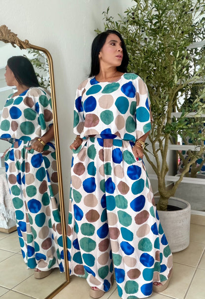 Polka Dots Spandex Palazzo Pants and Top Set Blue Multi de Lujo (tiene bolsillos)SOLD OUT GRACIAS