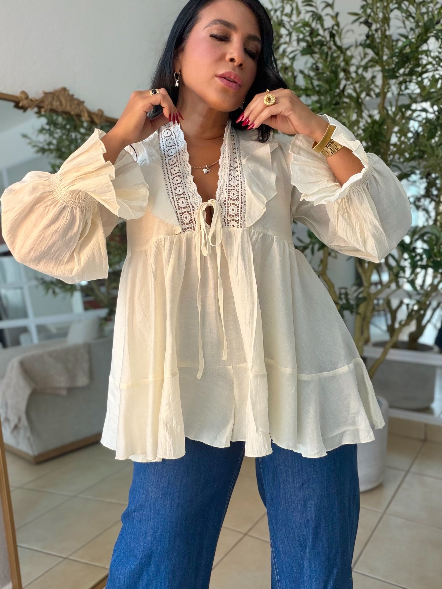 Mujeres Beige Luxe Blouse (mangas spandex)