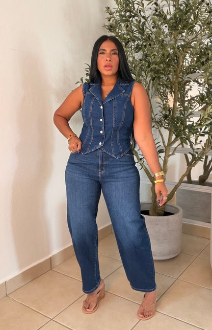Dark Denim Blue Spandex Premium Barrel Jeans