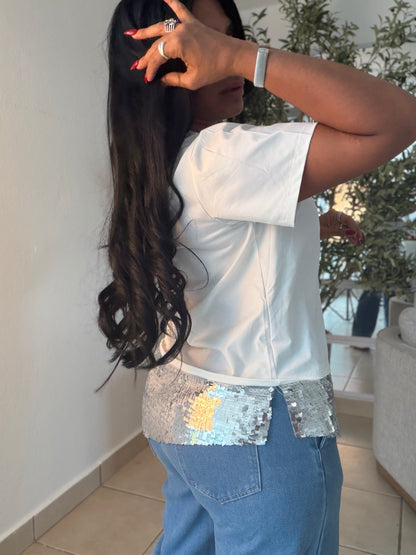 Mega de Lujo Oversized Shirt Con Detalles Asimètricos en Silver. Color Blanca. Calidad Extra Mega Premium