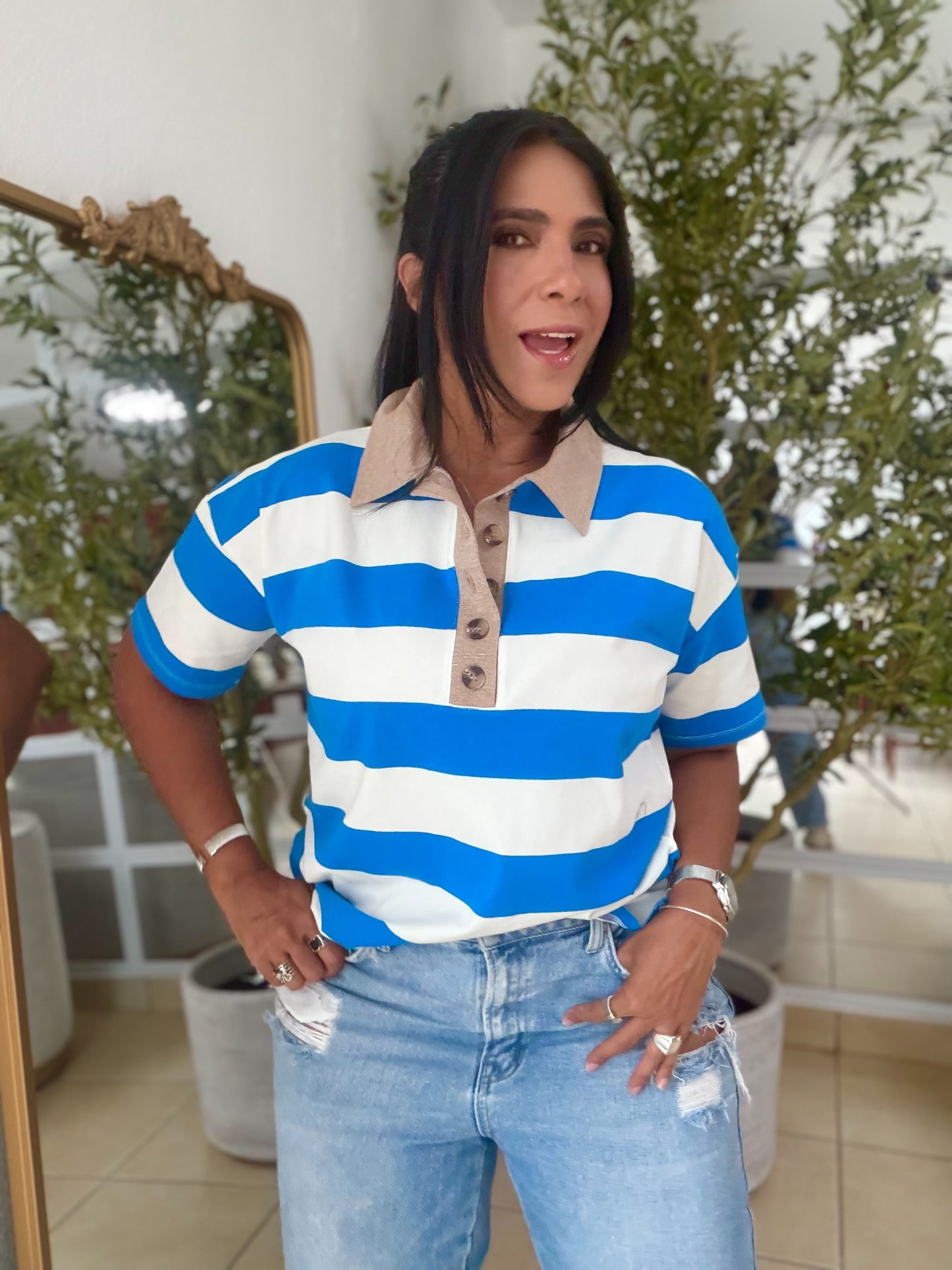 Ocean Blue Blue and White Azul Striped Spandex Polo Top De Lujo