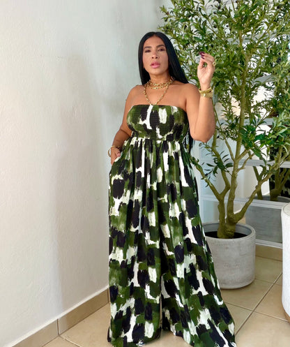 Darimar Wide Leg Spandex De Lujo Jumpsuit (tiene bolsillos y no zipper ni botones Choco Green and White  lìneas Beige. Tiene bolsillos