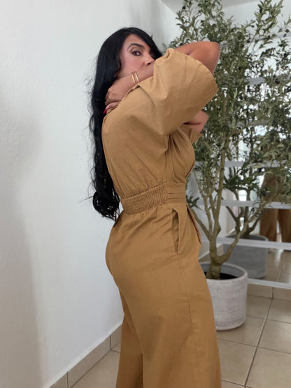 Bello Gold Brown Liner Bien Spandex Wide Leg Jumpsuit (tiene bolsillos)
