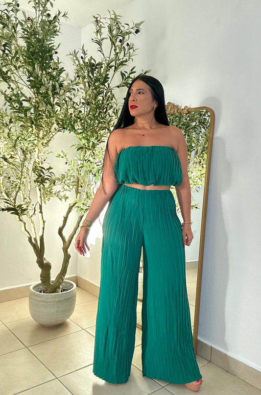 Hunter Green Pleated SPANDEX TOP AND PANTS SET(no zipper ni botones. Bien expandible)