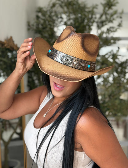 Sombrero Cow Boy con piedras silver y azules Brown y Beige
